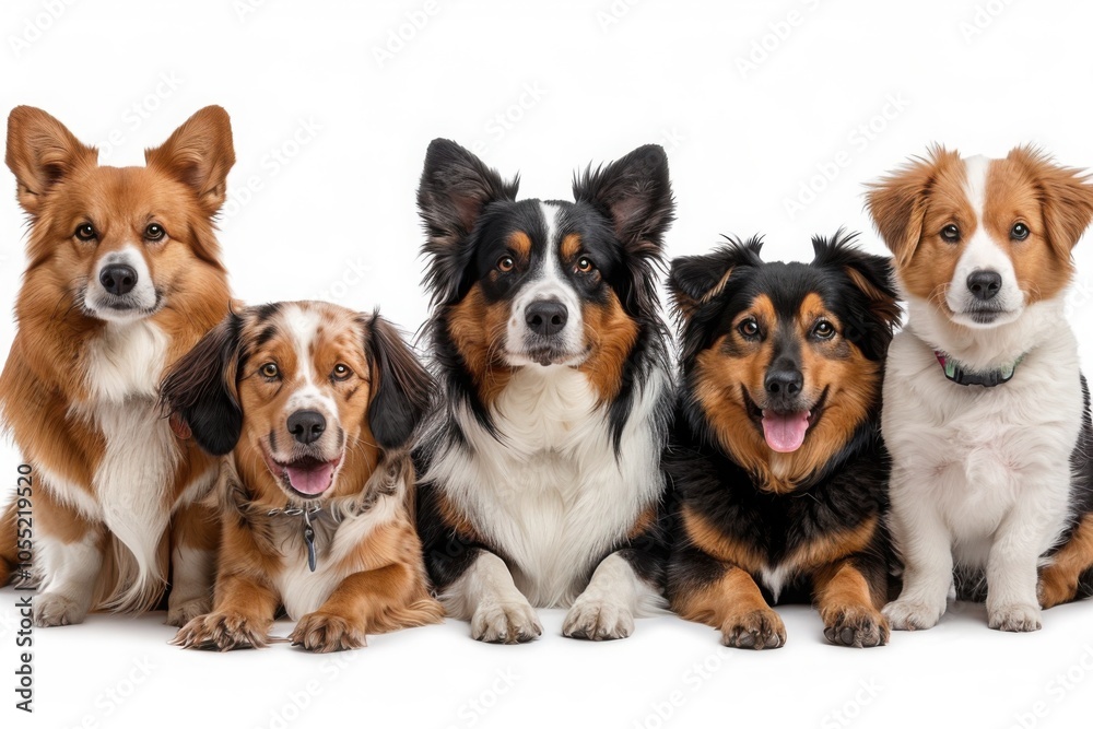 A group of mixed breed dogs, including Corgis and Collies, sits in a line against a white background, showing friendly expressions

