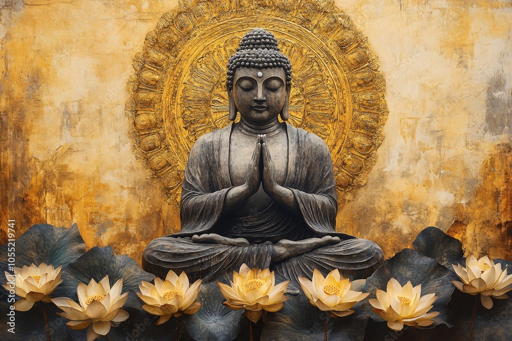 Serene Buddhist statue meditating on a lotus flower with a golden aura in a tranquil setting Serene Buddhist statue meditating on a lotus flower with a golden aura in a tranquil setting