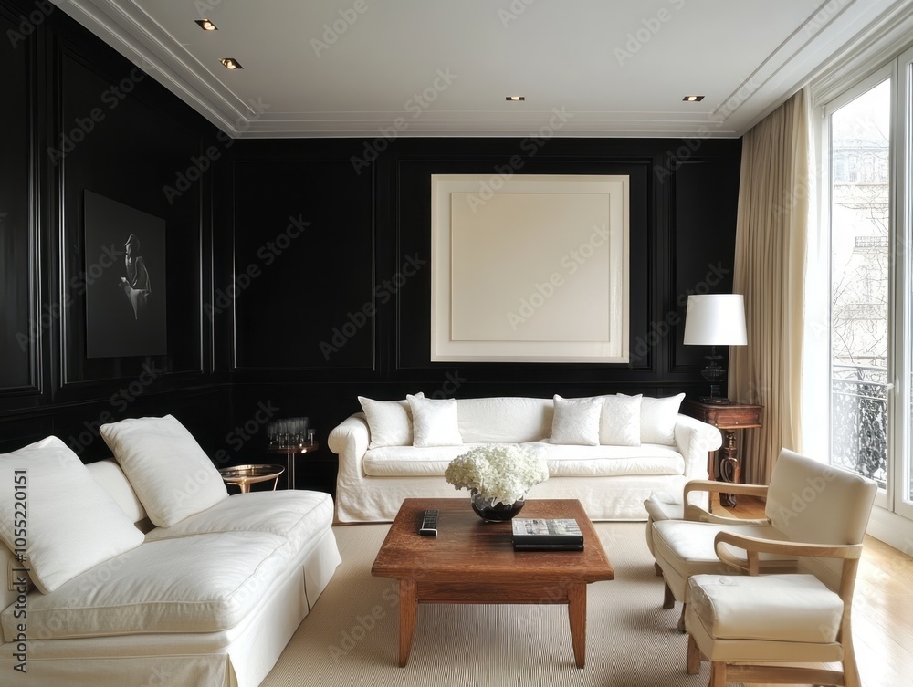 Minimalist black walls paired with white and beige furnishings in a winter living room, offering a warm and inviting retreat Minimalist black walls paired with white and beige furnishings in a winter living room, offering a warm and inviting retreat