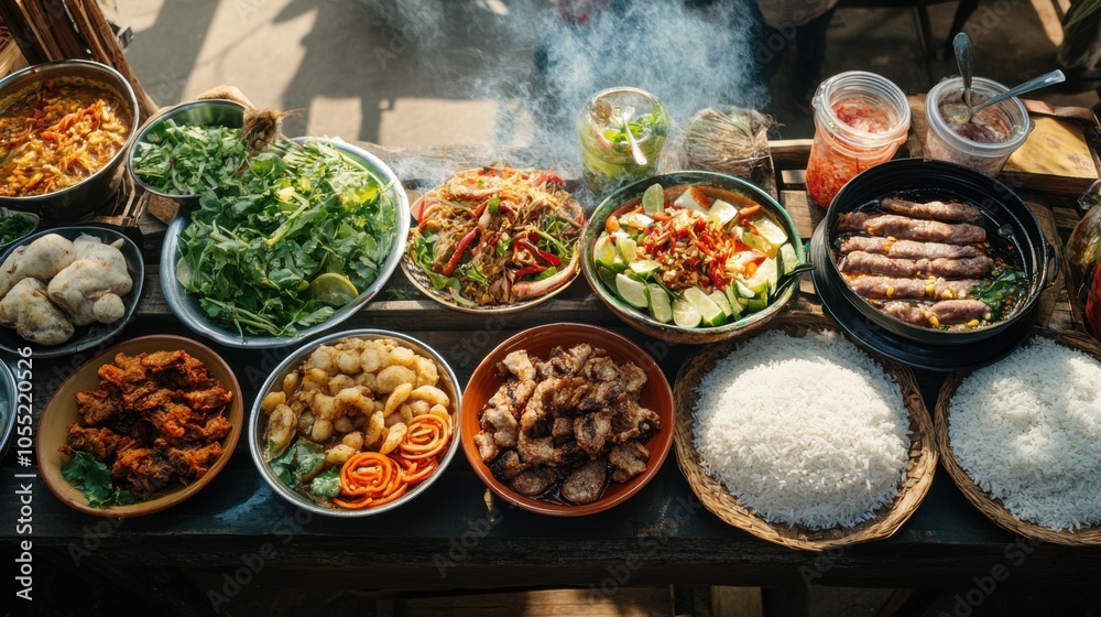 A selection of Isaan street food, including spicy salads A selection of Isaan street food, including spicy salads
