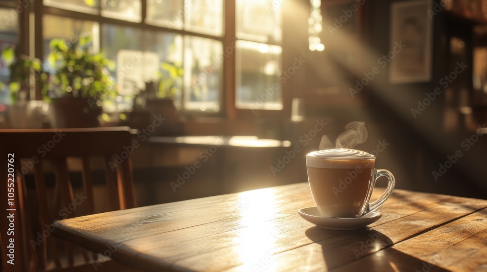 serene coffee shop scene with a latte on a wooden table serene coffee shop scene with a latte on a wooden table
