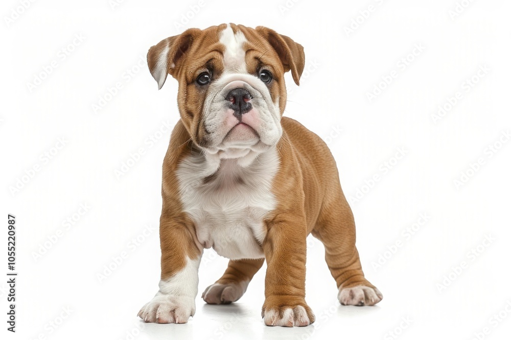 An English Bulldog puppy stands on a white background, displaying its playful and curious expression
An English Bulldog puppy stands on a white background, displaying its playful and curious expression