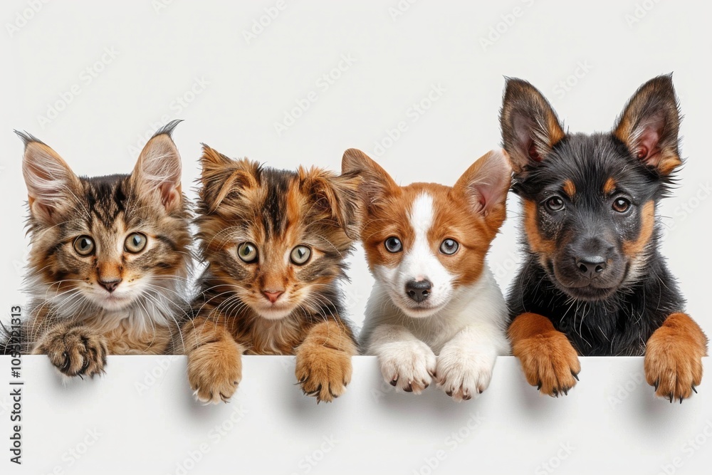 Two Maine Coon kittens and two puppies, a Jack Russell and a German Shepherd mix, sit side by side on a white background, highlighting their playful expressions and mixed-species friendship
Two Maine Coon kittens and two puppies, a Jack Russell and a German Shepherd mix, sit side by side on a white background, highlighting their playful expressions and mixed-species friendship