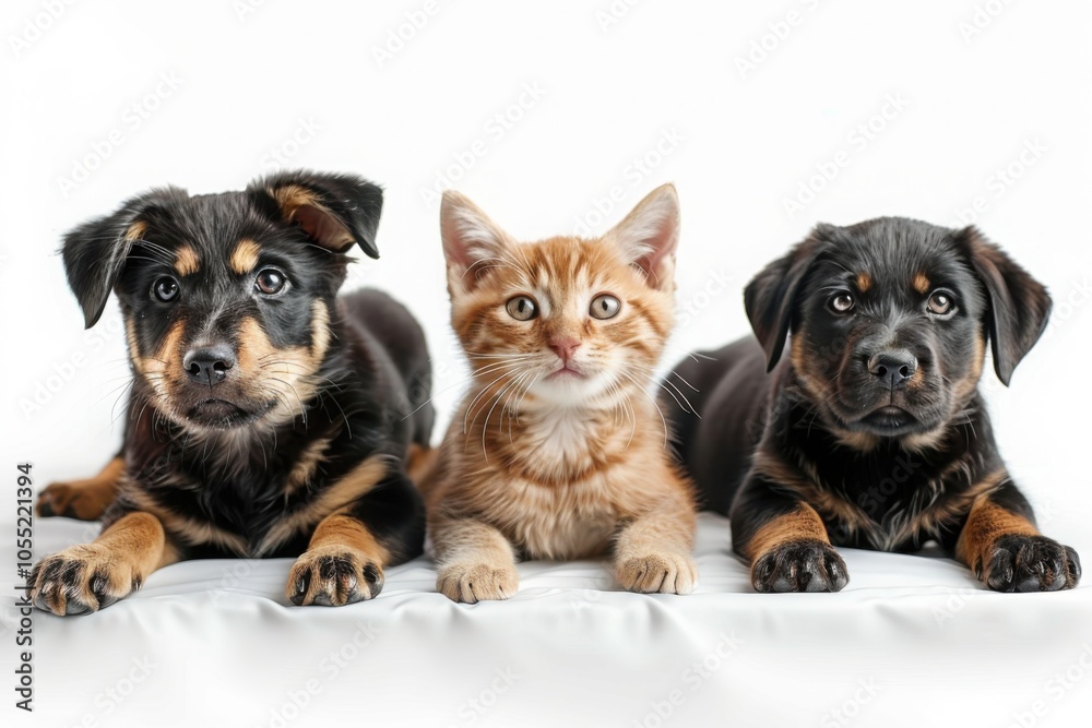 Obraz premium Two black and tan puppies and an orange tabby kitten sit side by side on a white background, showcasing their playful and curious expressions