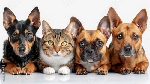 A tabby cat sits between two dogs, a French Bulldog and a mixed breed, against a white background, highlighting their playful expressions and mixed-species companionship

