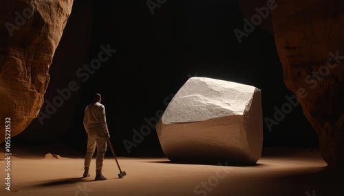 Geologist examining rock formations in a canyon, hammer in hand, surveying the terrain