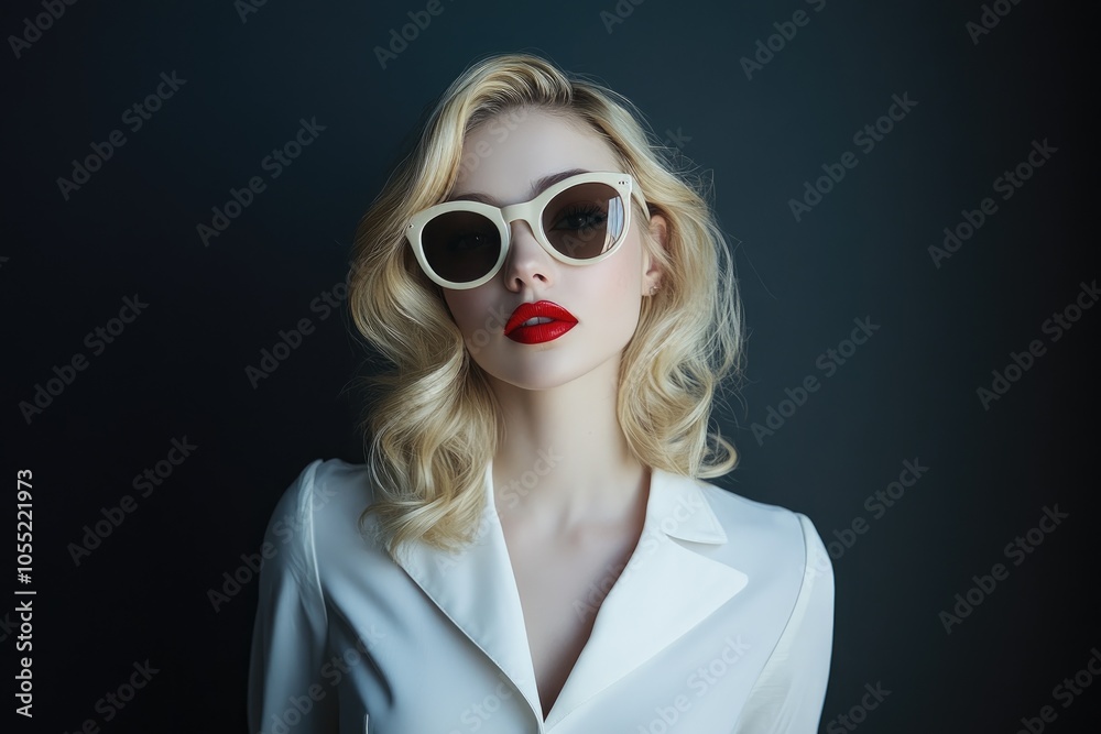 A beautiful blonde woman wearing sunglasses and red lipstick poses for the camera in white against a dark background. A beautiful blonde woman wearing sunglasses and red lipstick poses for the camera in white against a dark background.