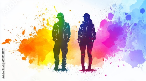 Two people against a colorful backdrop, vibrant and dynamic visual contrast in contemporary photography