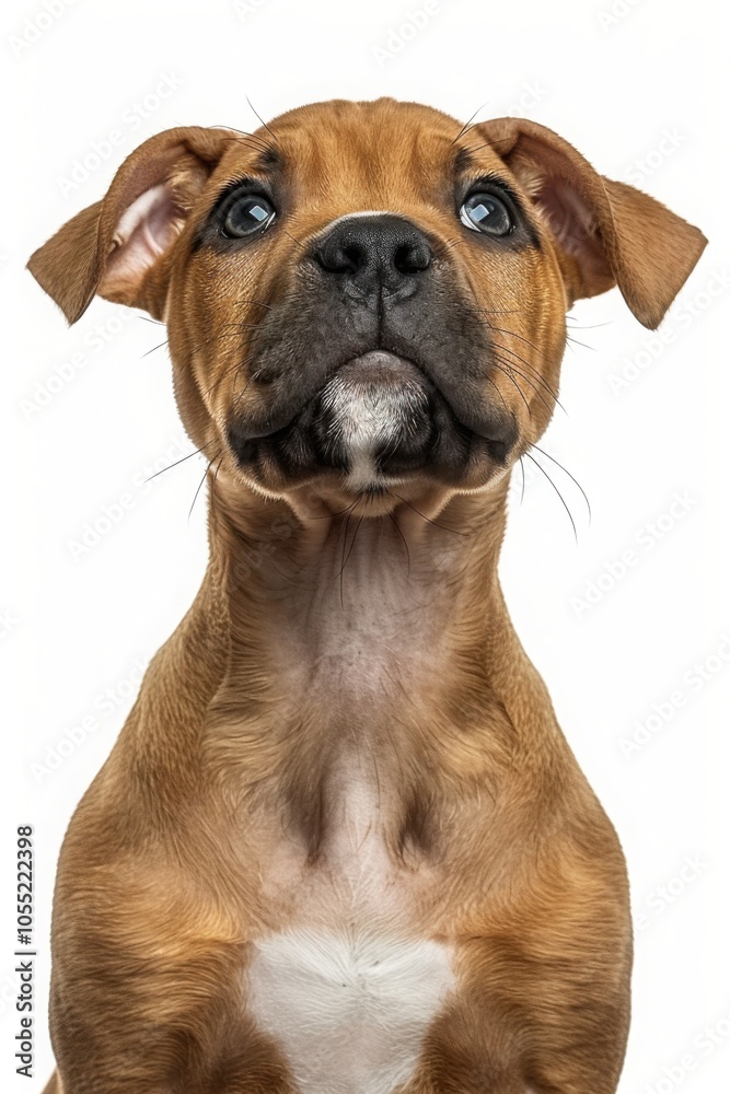 Fototapeta premium A young Boxer puppy sits upright against a white background, gazing upward with a curious expression