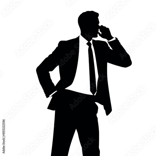 A businessman silhouette talking on a mobile phone, with one hand on his hip and a confident posture