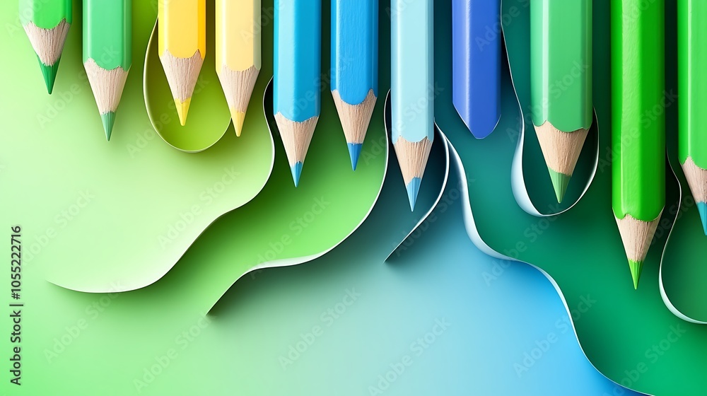 Fototapeta Colorful pencils arranged with wavy paper, creating a vibrant artistic display.