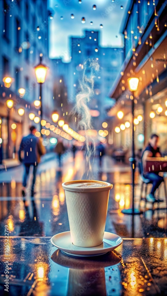 Image of a paper cup of aromatic coffee in the foreground against a blurred background of a rainy busy city street. Image of a paper cup of aromatic coffee in the foreground against a blurred background of a rainy busy city street.