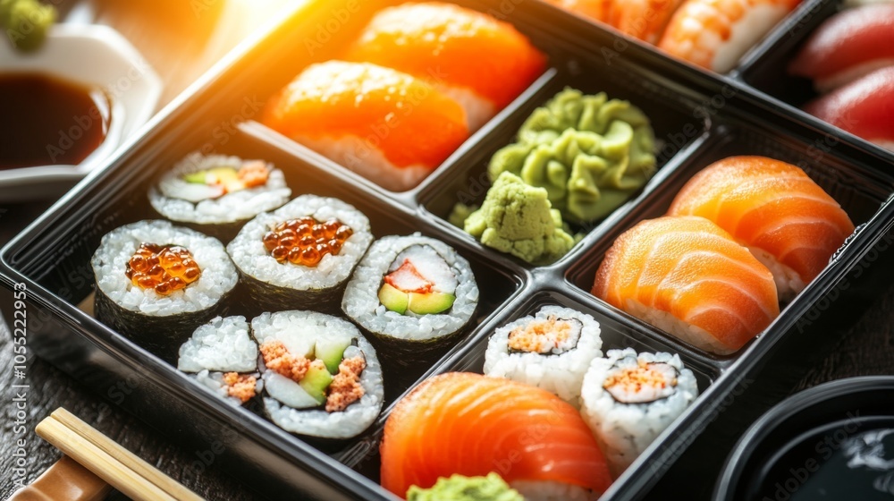 Fresh Sushi Bento Box on Traditional Japanese Tray