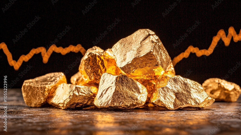 High-value gold bullion displayed under a spotlight, with a stock chart in the background hinting at precious metals market trends, vivid contrasts High-value gold bullion displayed under a spotlight, with a stock chart in the background hinting at precious metals market trends, vivid contrasts