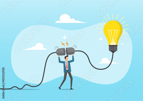 Businessman connect electric plug to turn on bright lightbulb idea
