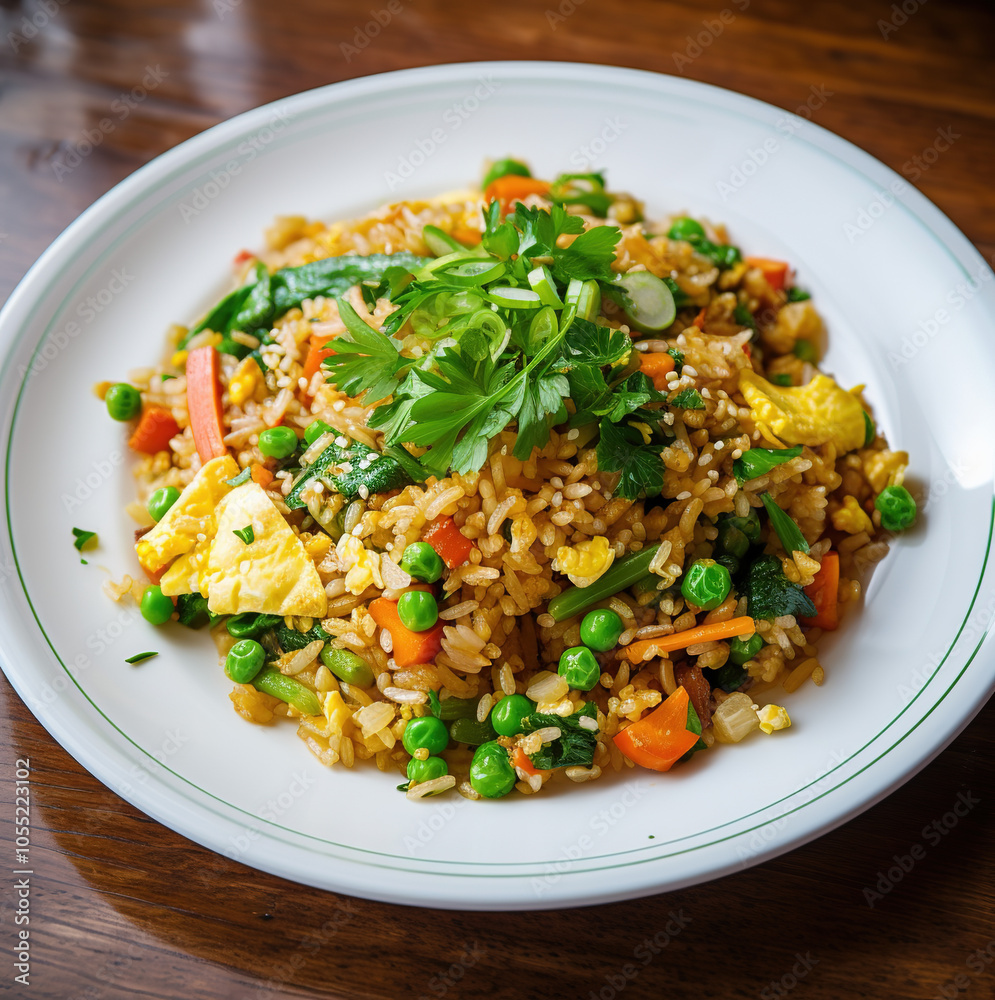 A plate of colorful fried rice mixed with carrots, eggs, peas and more. A plate of colorful fried rice mixed with carrots, eggs, peas and more.
