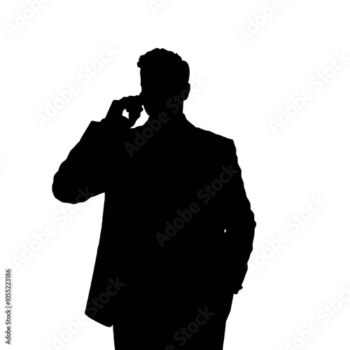 A businessman silhouette talking on a mobile phone, with one hand on his hip and a confident posture