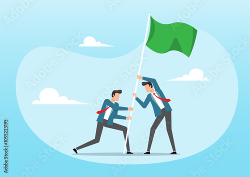 businessmen people teamwork or partnership helping raising winning flag