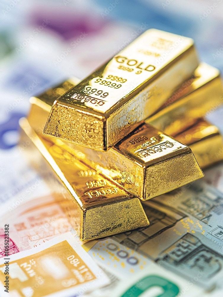 Golden bars carefully stacked with a background of fluctuating currency symbols, hinting at the stability of gold amidst global market changes Golden bars carefully stacked with a background of fluctuating currency symbols, hinting at the stability of gold amidst global market changes