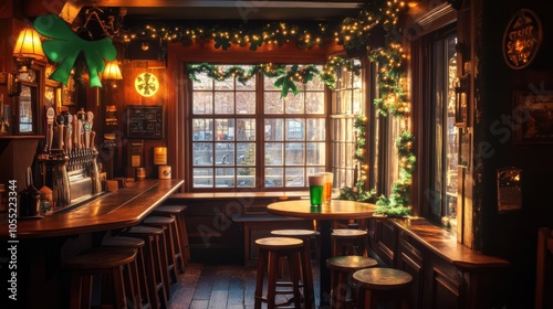 A traditional Irish pub interior decorated for St. Patrick's Day