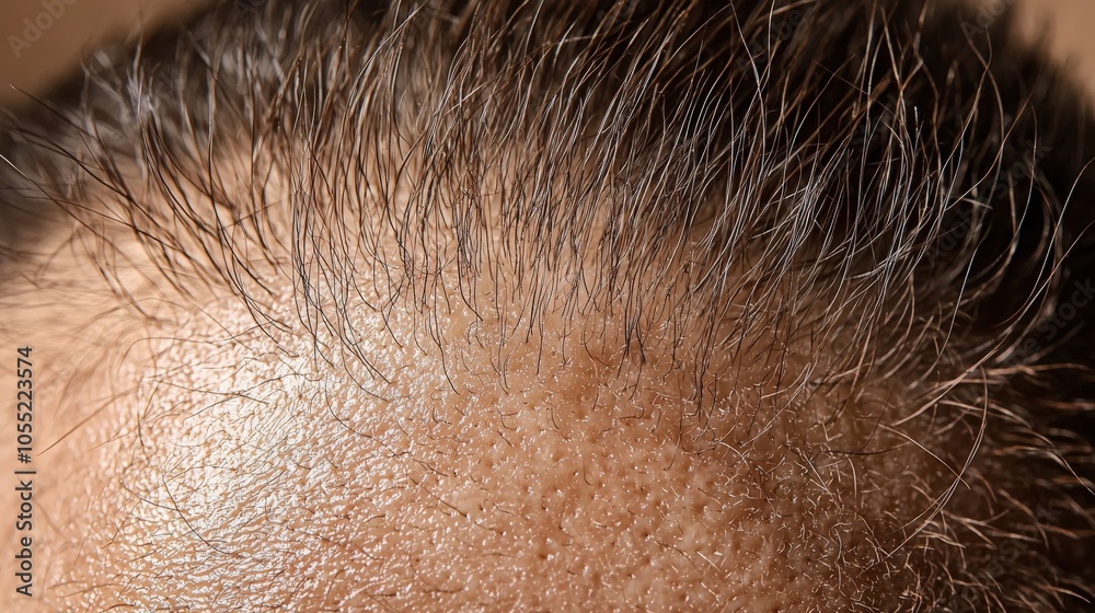 Close-up view of a scalp with fine hair follicles under natural lighting conditions Close-up view of a scalp with fine hair follicles under natural lighting conditions