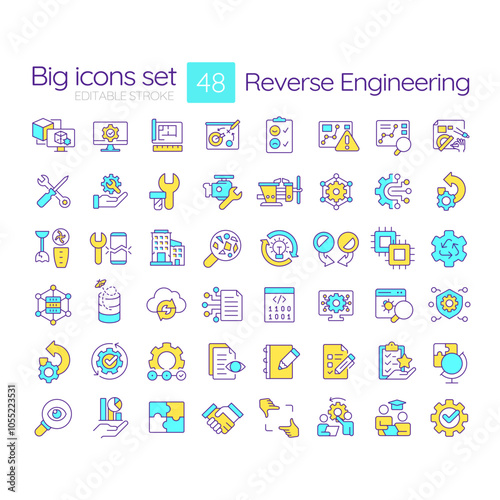 Reverse engineering RGB color icons set. Various tools, processes associated with reengineering and analysis. Isolated vector illustrations. Simple filled line drawings collection. Editable stroke