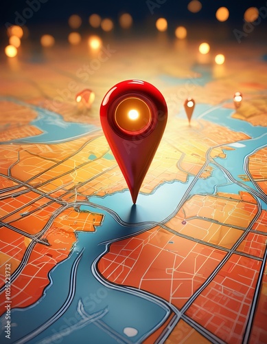 3d illustration of city map with red location pin over bokeh background