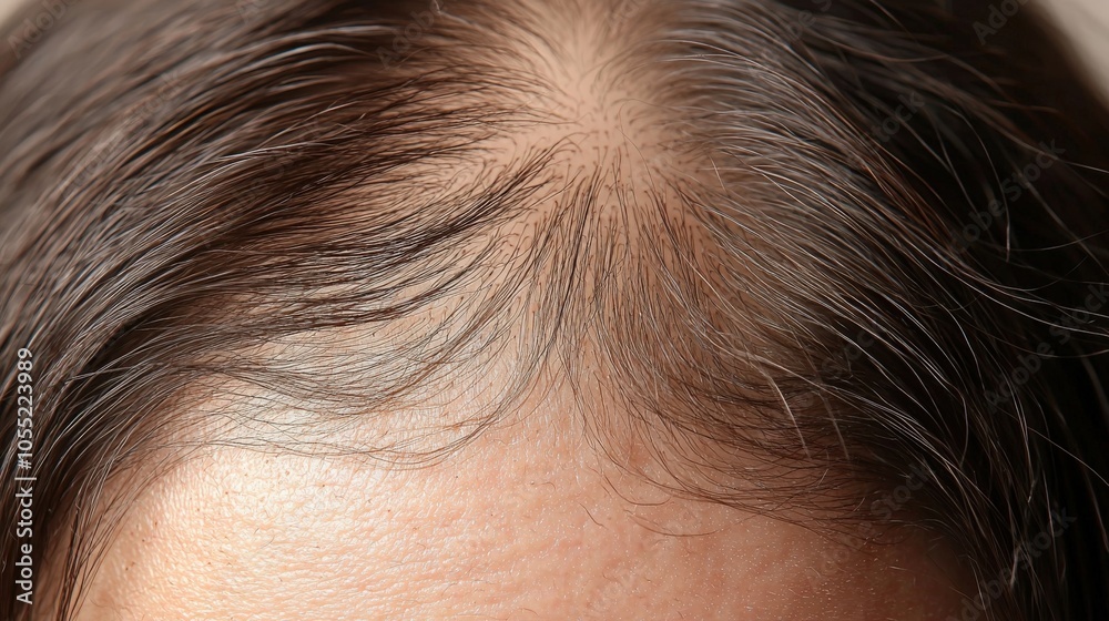 Close-up view of thinning hair on the scalp illustrating hair loss in natural lighting Close-up view of thinning hair on the scalp illustrating hair loss in natural lighting