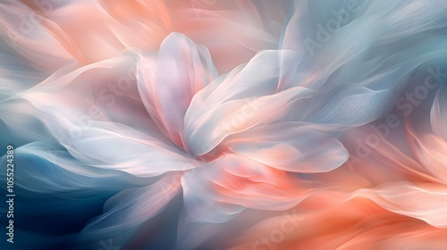 Calming Rhythms shown with abstract representations of soft petals flowing in the wind, utilizing light colors for a serene effect