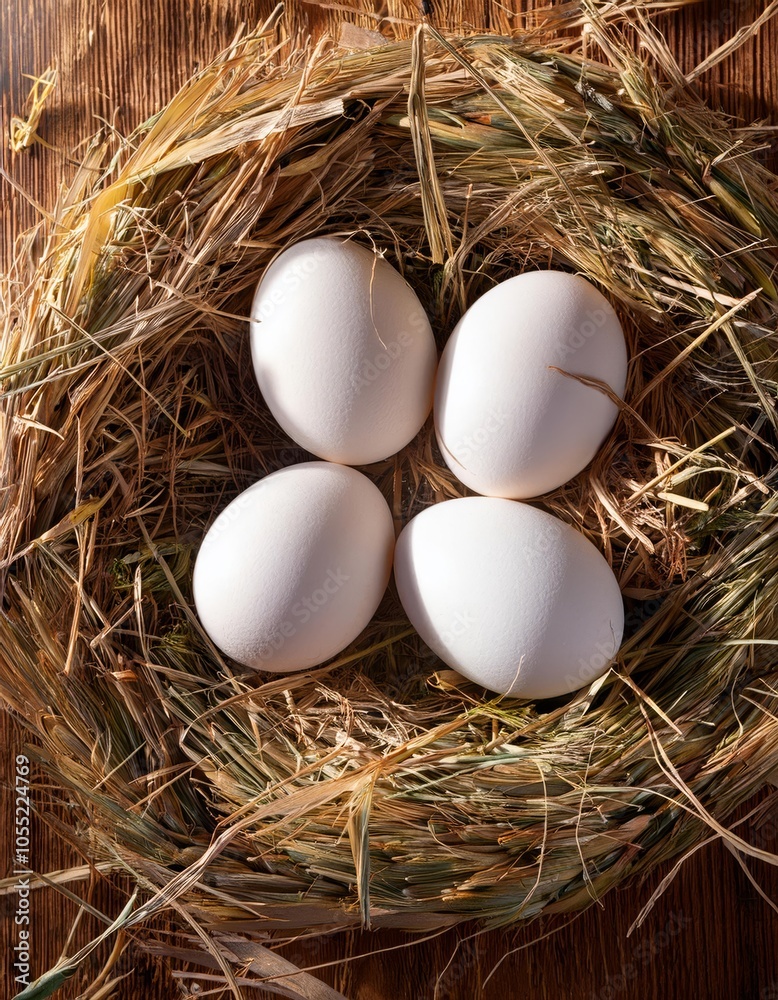 White eggs in a nest on a wooden background. Selective focus. White eggs in a nest on a wooden background. Selective focus.
