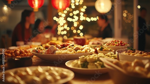 Traditional Chinese feast setting with family in warm ambiance