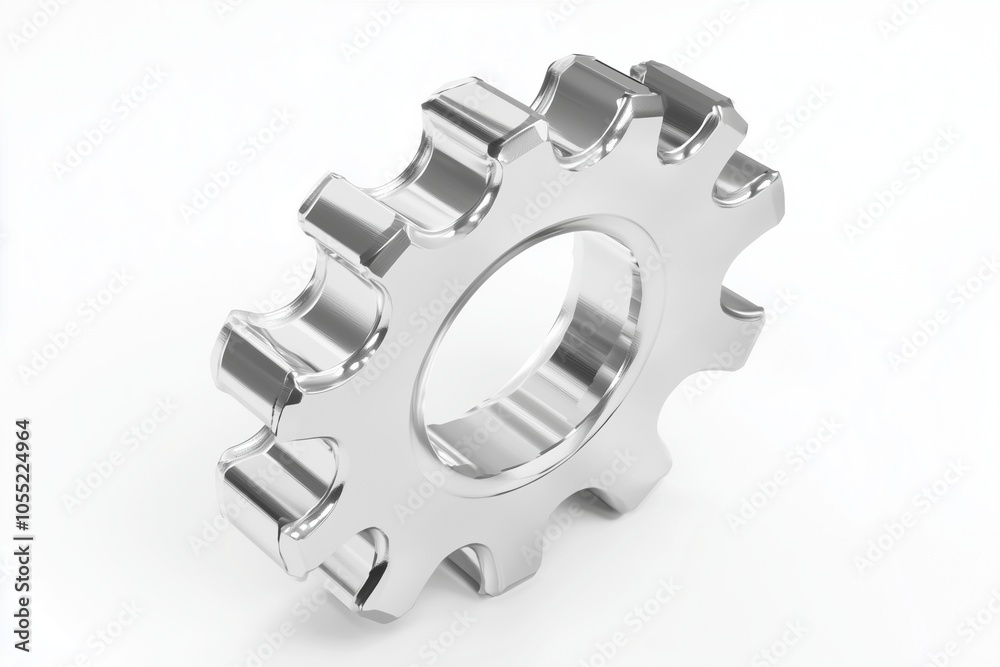 Glossy metallic gear standing upright with a solid appearance, detailed view. Glossy metallic gear standing upright with a solid appearance, detailed view.