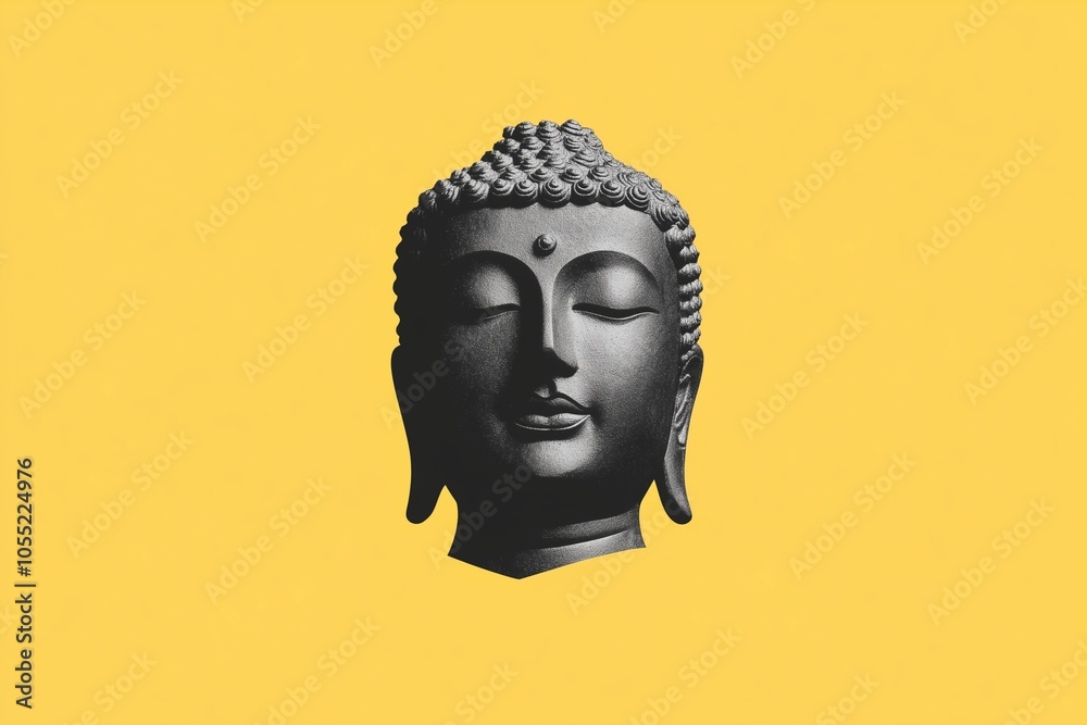 Stone Buddha head sculpture with serene expression on yellow background art