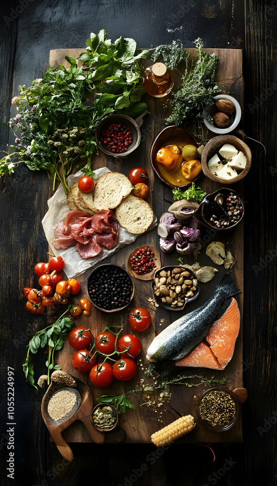 Assorted foods displayed on a rustic wooden board - Assorted foods displayed on a rustic wooden board -