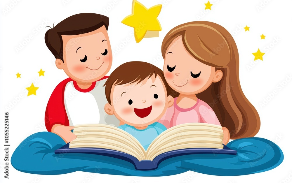 Parents reading a bedtime story to their child, who is tucked in under a cozy blanket Parents reading a bedtime story to their child, who is tucked in under a cozy blanket