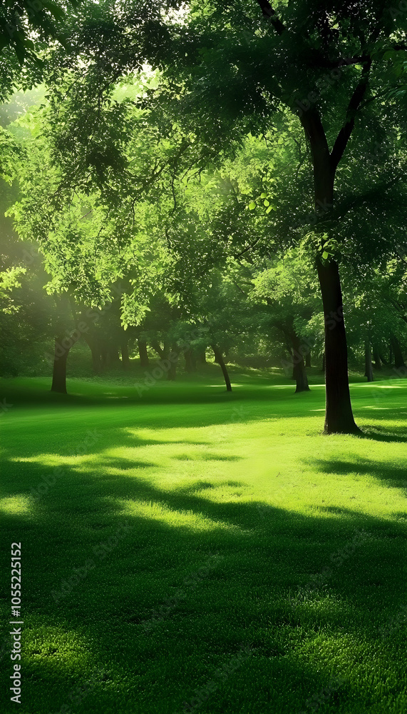 Obraz premium Background of green trees and soft grassy ground -