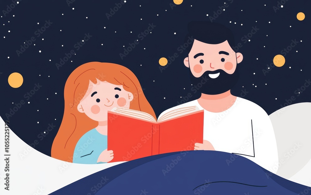 Parents reading a bedtime story to their child, who is tucked in under a cozy blanket Parents reading a bedtime story to their child, who is tucked in under a cozy blanket
