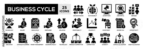 Business cycle icons set. Contains inflation, profitability, money management, strategic planning, volatility icons. Simple black fill vector illustration.