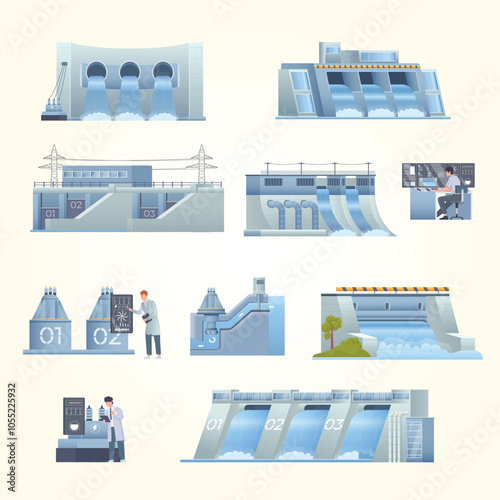 Set of hydro power stations in flat style isolated on white background vector illustration