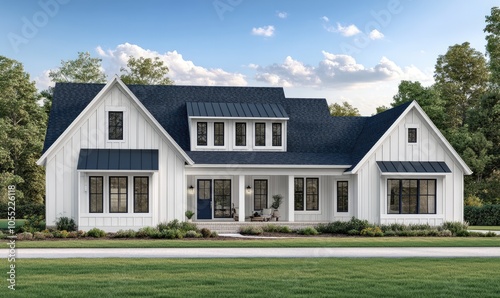 A white and navy blue farmhouse-style home with a grey shingle roof, a large front yard, and an aerial view