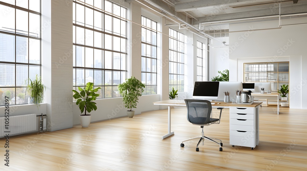 Bright and modern office space with large windows Bright and modern office space with large windows
