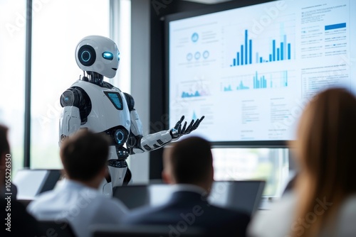Robot presenting data in a modern office setting.