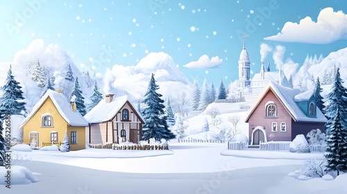 Charming snowy village with cozy homes and scenery