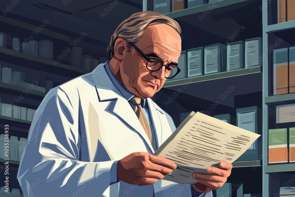Scientist reviewing documents in a laboratory setting. Scientist reviewing documents in a laboratory setting.