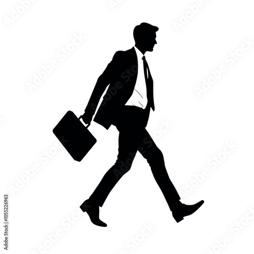 A businessman silhouette walking briskly with a briefcase, one arm swinging forward naturally