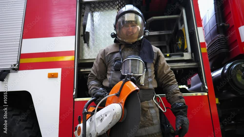 Portrait of young fireguard with circular saw against background of a fire truck. Male firefighter in full equipment looking into camera near a big red car. Saving lives and heroic profession concept Portrait of young fireguard with circular saw against background of a fire truck. Male firefighter in full equipment looking into camera near a big red car. Saving lives and heroic profession concept