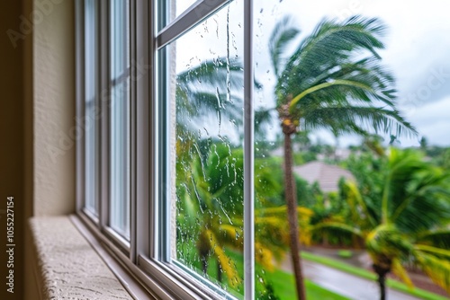 Inside of a home during a hurricane, palms in background being blown by the strong winds and rain, house is protected with the windows	
