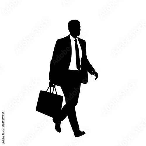 A businessman silhouette walking briskly with a briefcase, one arm swinging forward naturally