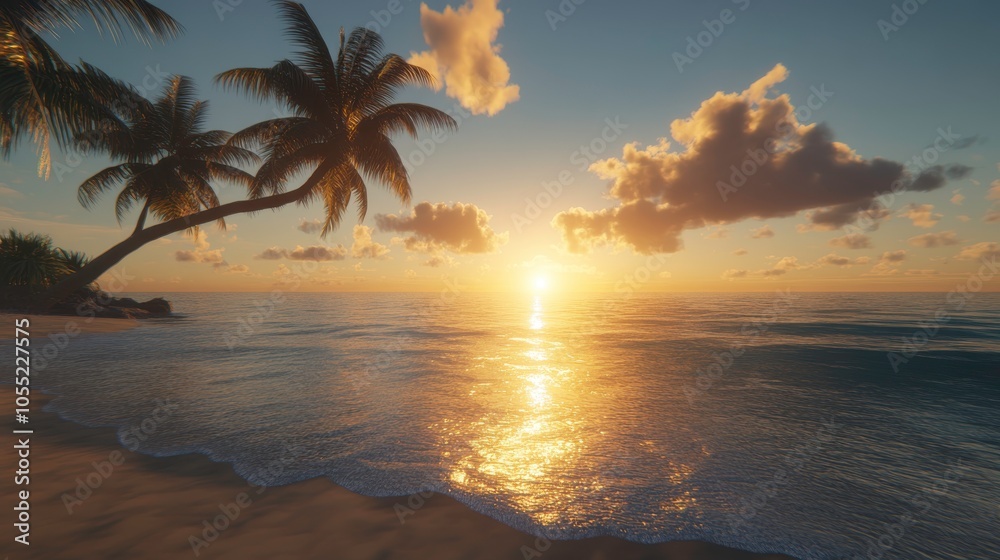 Serene sunset over a tranquil beach landscape. Serene sunset over a tranquil beach landscape.