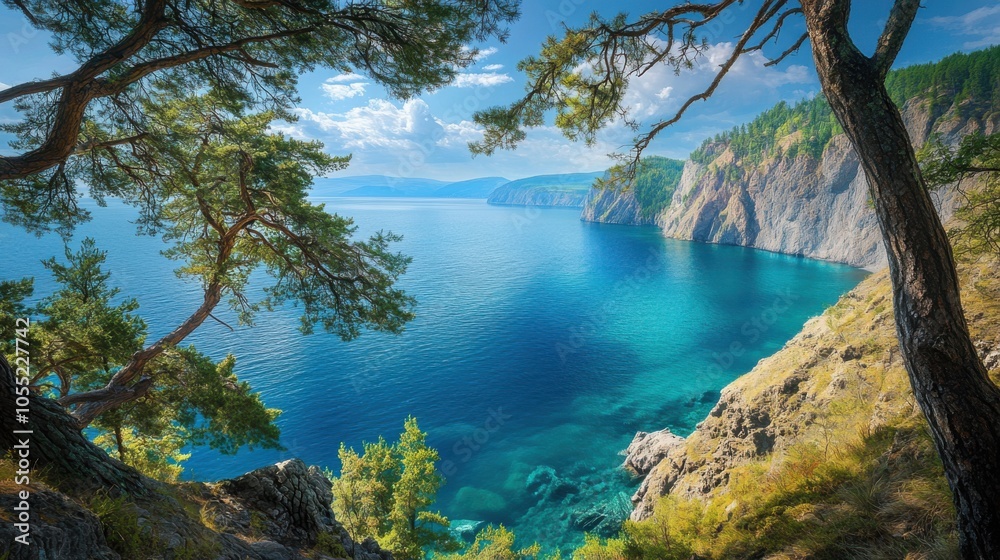 A beautiful view of Lake Baikal's deep blue waters from a cliffside A beautiful view of Lake Baikal's deep blue waters from a cliffside